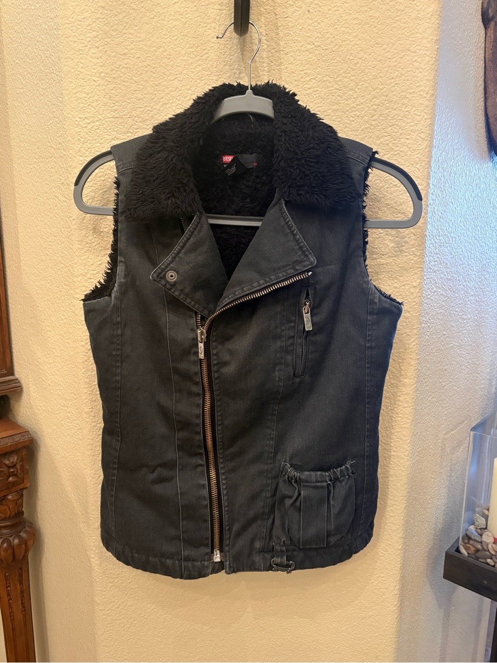 Vintage DIESEL Women Dark Gray Sherpa Lined Y2K Moto Vest Size Medium